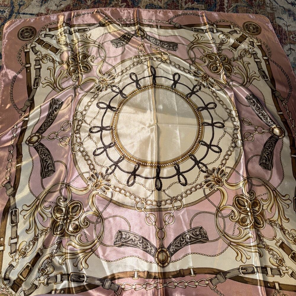Pink Ivory And Brown Geometric Print Square Polyester Headscarf Womens One Size